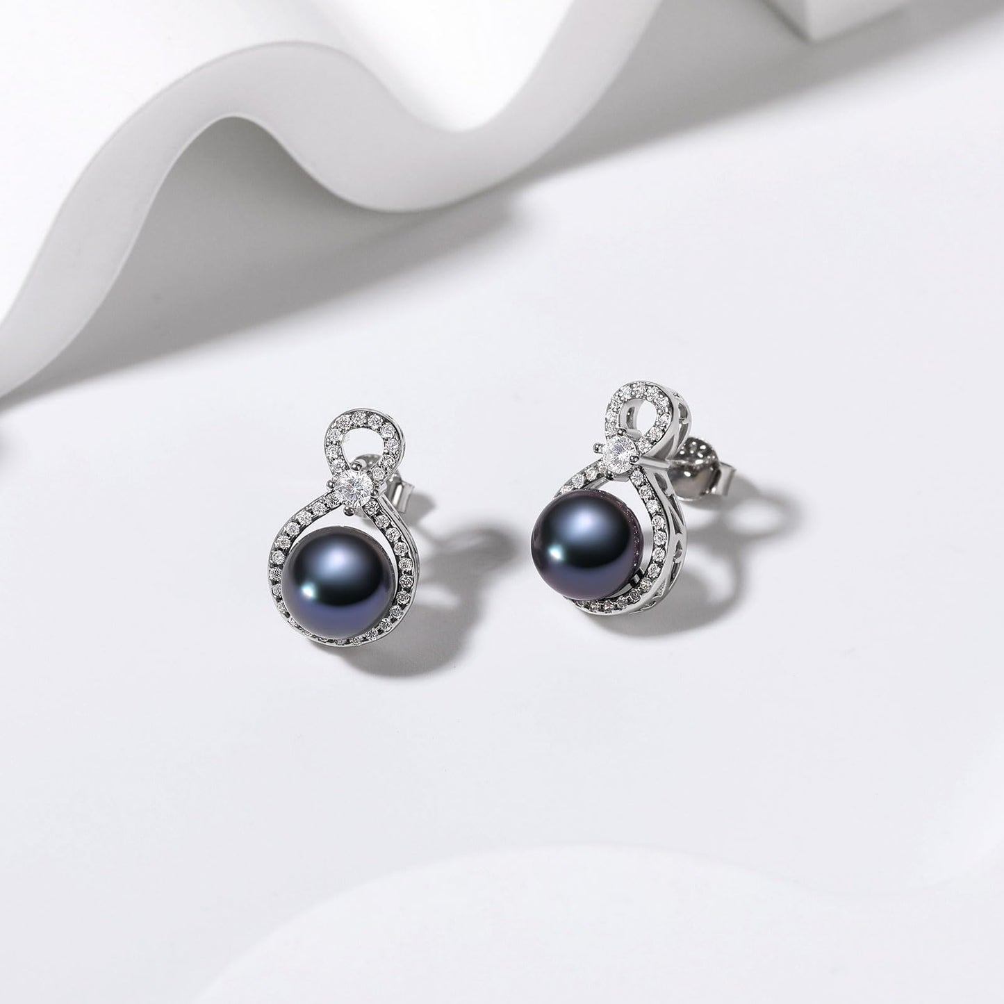BAMIKI S925 Sterling Silver Infinity Pearl Earrings Stud for Women, Genuine Quality 8-8.5mm Round Saltwater Cultured Tahitian Black Pearls Hypoallergenicity Jewelry Gifts for Mother Wife Bridal
