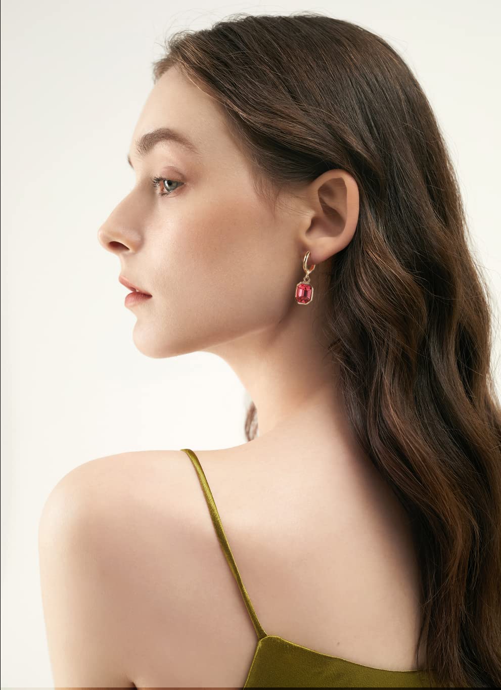 Birthstone Crystal Dangle Drop Earrings, 18K Gold Plated Huggie Hoop Hypoallergenic Earring Jewelry Gifts for Women (Red)