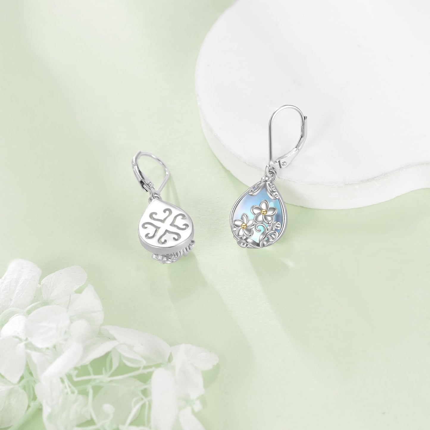 POPLYKE Moonstone Plumeria Teardrop Drop Dangle Earrings Sterling Silver Leverback Earrings Moonstone Jewelry Gifts for Women