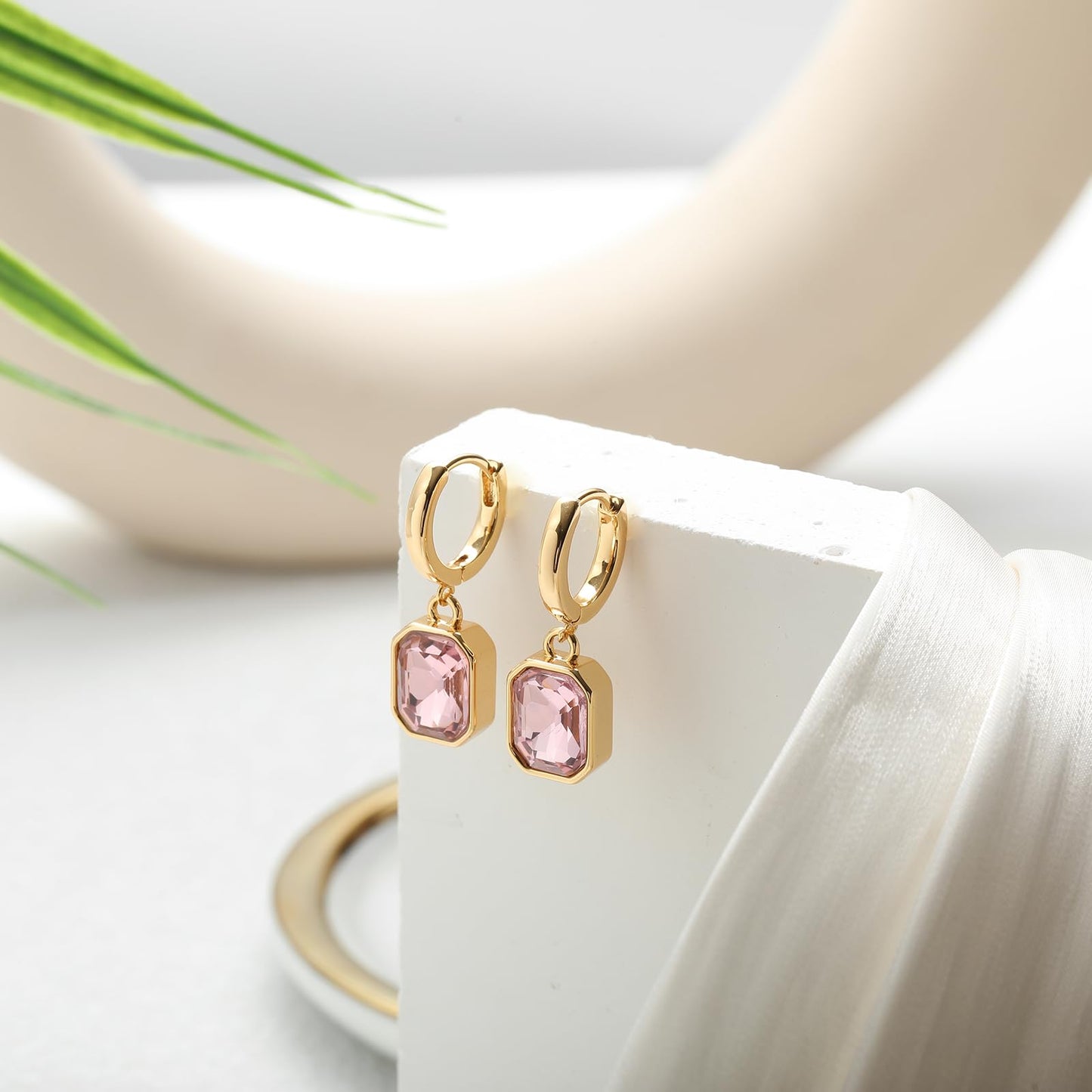 Birthstone Crystal Dangle Drop Earrings, 18K Gold Plated Huggie Hoop Hypoallergenic Earring Jewelry Gifts for Women (Pink)