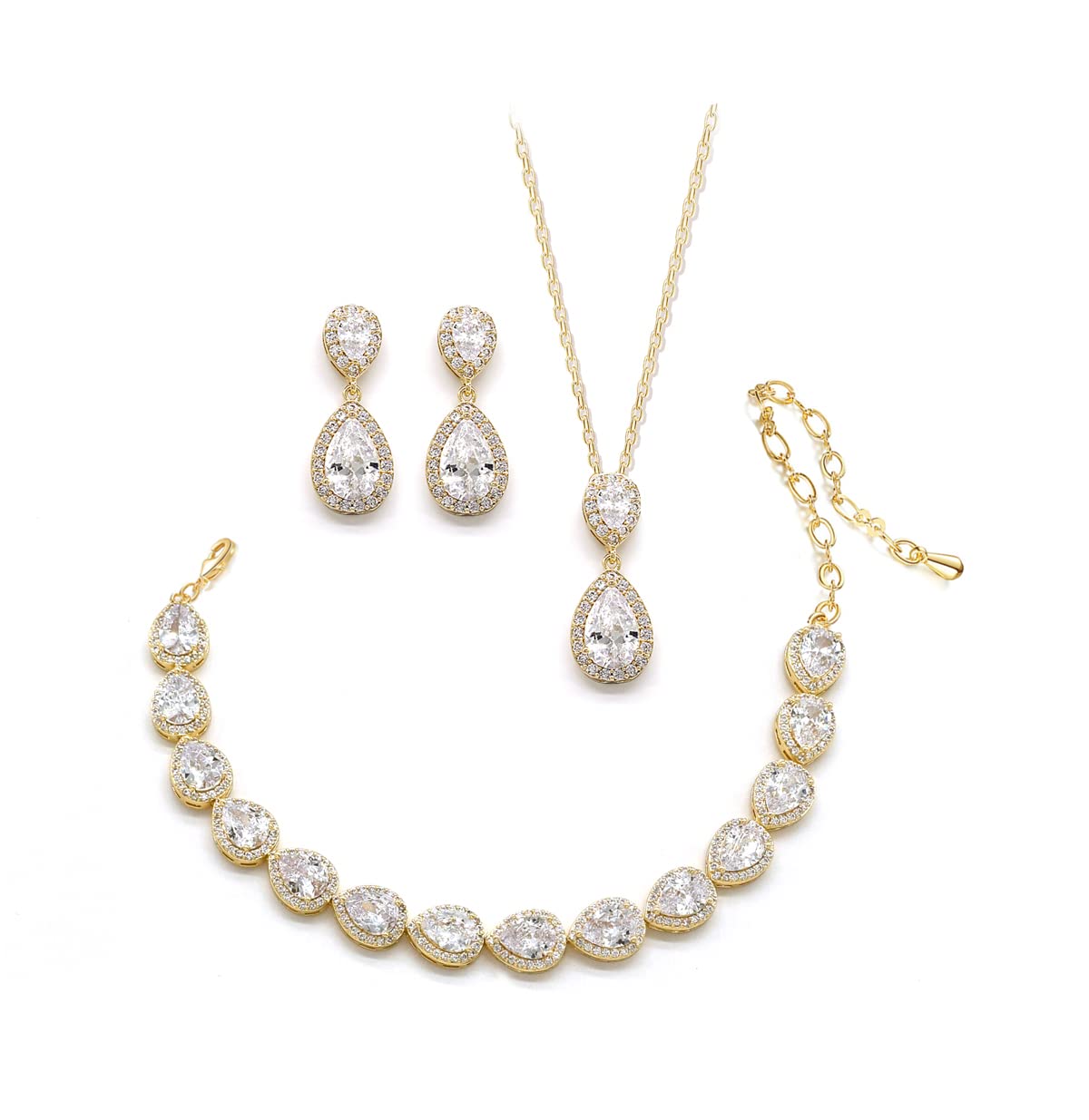 UDYLGOON Elegant Bridal Jewelry Set for Bride Bridesmaid Wedding Prom Teardrop Necklace Earrings Bracelet Set (Gold Plated)