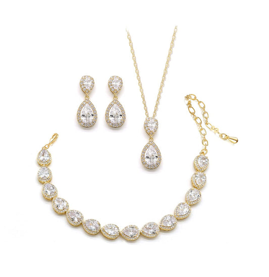 UDYLGOON Elegant Bridal Jewelry Set for Bride Bridesmaid Wedding Prom Teardrop Necklace Earrings Bracelet Set (Gold Plated)