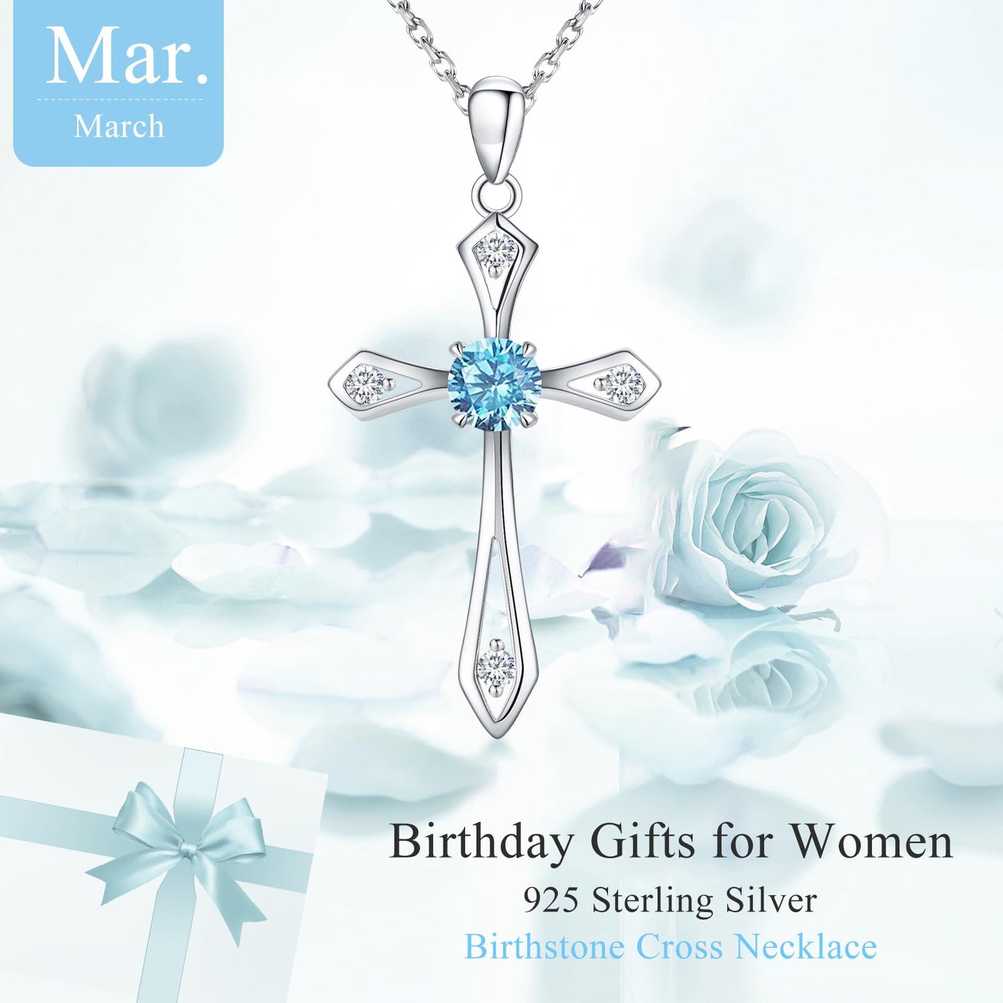 Cross Necklace for Women ,925 Sterling Silver Birthstone Necklace,Aquamarine-March Birthstone Cross pendant jewelry,Faith Religious Fine Jewelry Valentines Day Gifts Birthday Holiday Gifts for Her