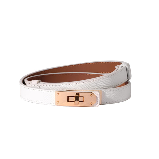 Ovekaut Women Skinny Leather Belt Solid Color Alloy Turn Lock Adjustable Waistband for Dresses Jeans Coats (White/Gold)