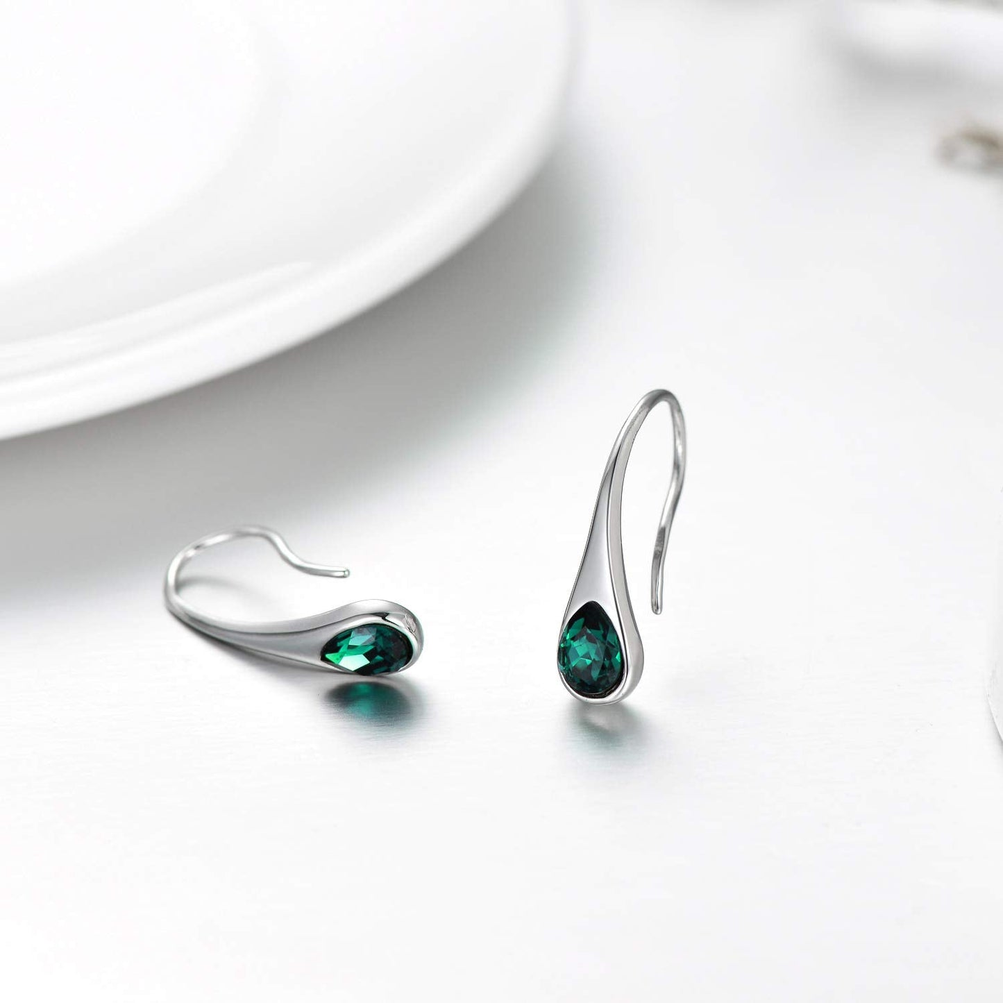 May Birthstone Emerald Earrings Sterling Silver Teardrop Dangle Drop Hook Earrings Women Pull Through Earrings Birthday Mother's Day Jewelry