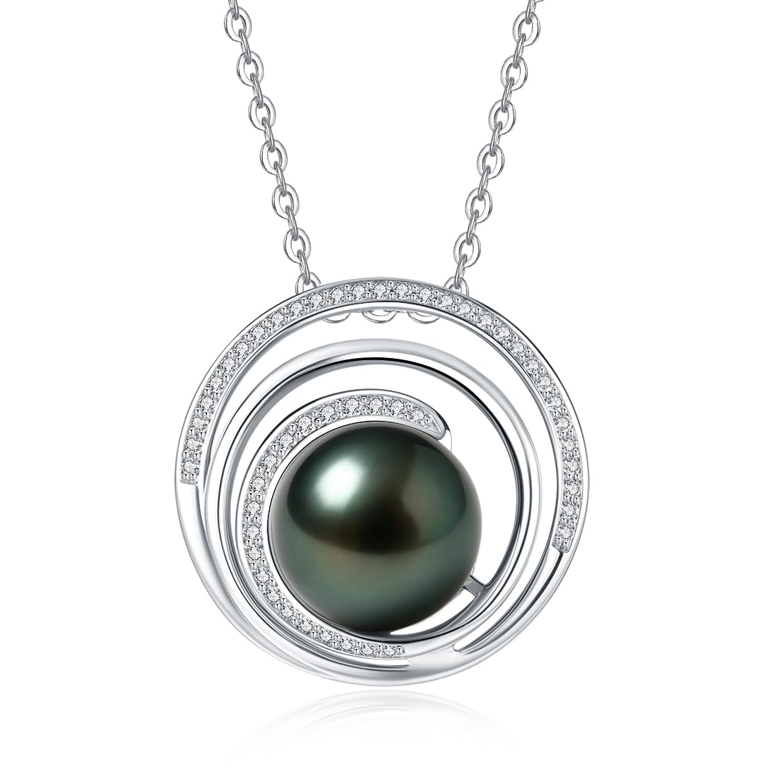 Genuine Tahitian Black Pearl Necklace for Women, 9-10mm AAAA Natural-Color Pearl Sterling Silver Moissanite Circle Pendant, Gift for Wife Girlfriend, Wedding Anniversary, Birthday, Christmas Mom Gifts