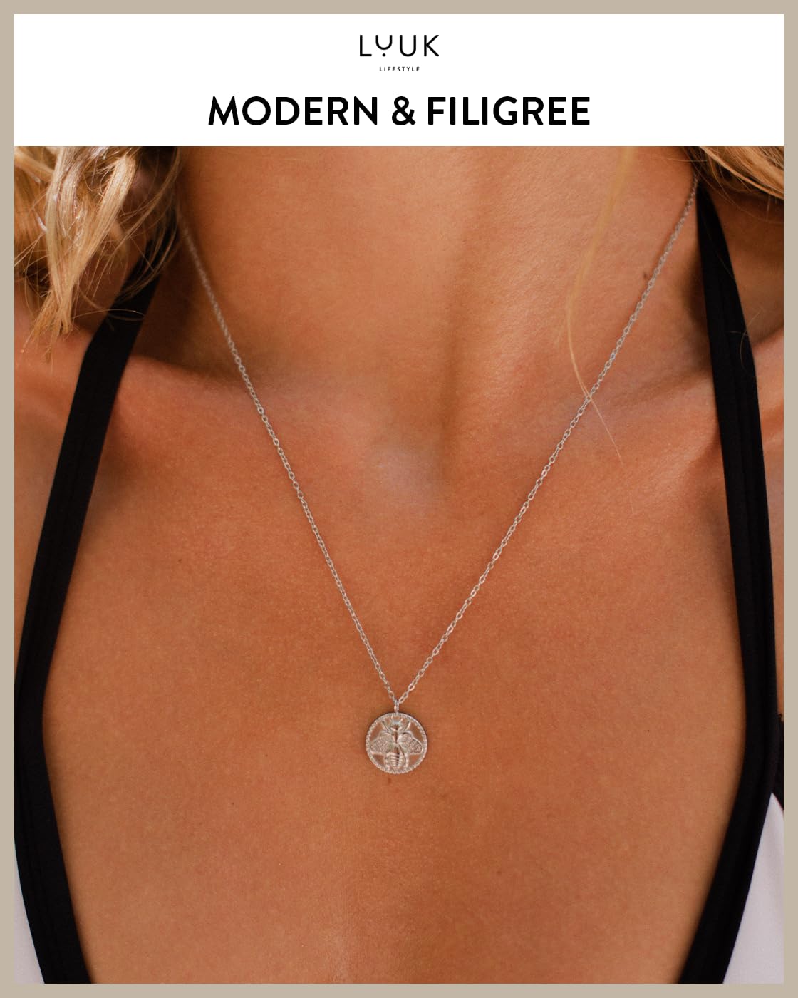 LUUK LIFESTYLE Stainless steel Honeybee pendant, 14k Silver plated necklace, HAPPINESS Gift Card, 19 IN adjustable waterproof sturdy chain, Gift for women, vacation dainty chic modern trendy aesthetic
