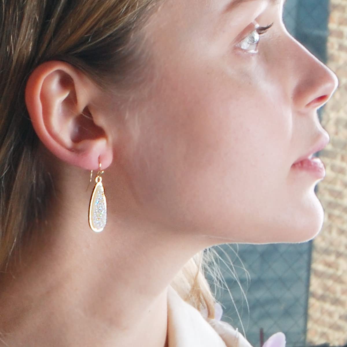 Simulated Druzy Drop Dangles - Gold Tone Sparkly Long Teardrop Dangly Earrings for Women, Gold Tone - White Created Opal