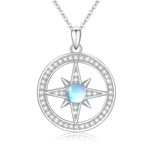 Silikepa Star Necklace for Women 925 Sterling Silver North Star Pendant Necklace Round Rotating Pendant with Moonstone Jewelry Gift for Women