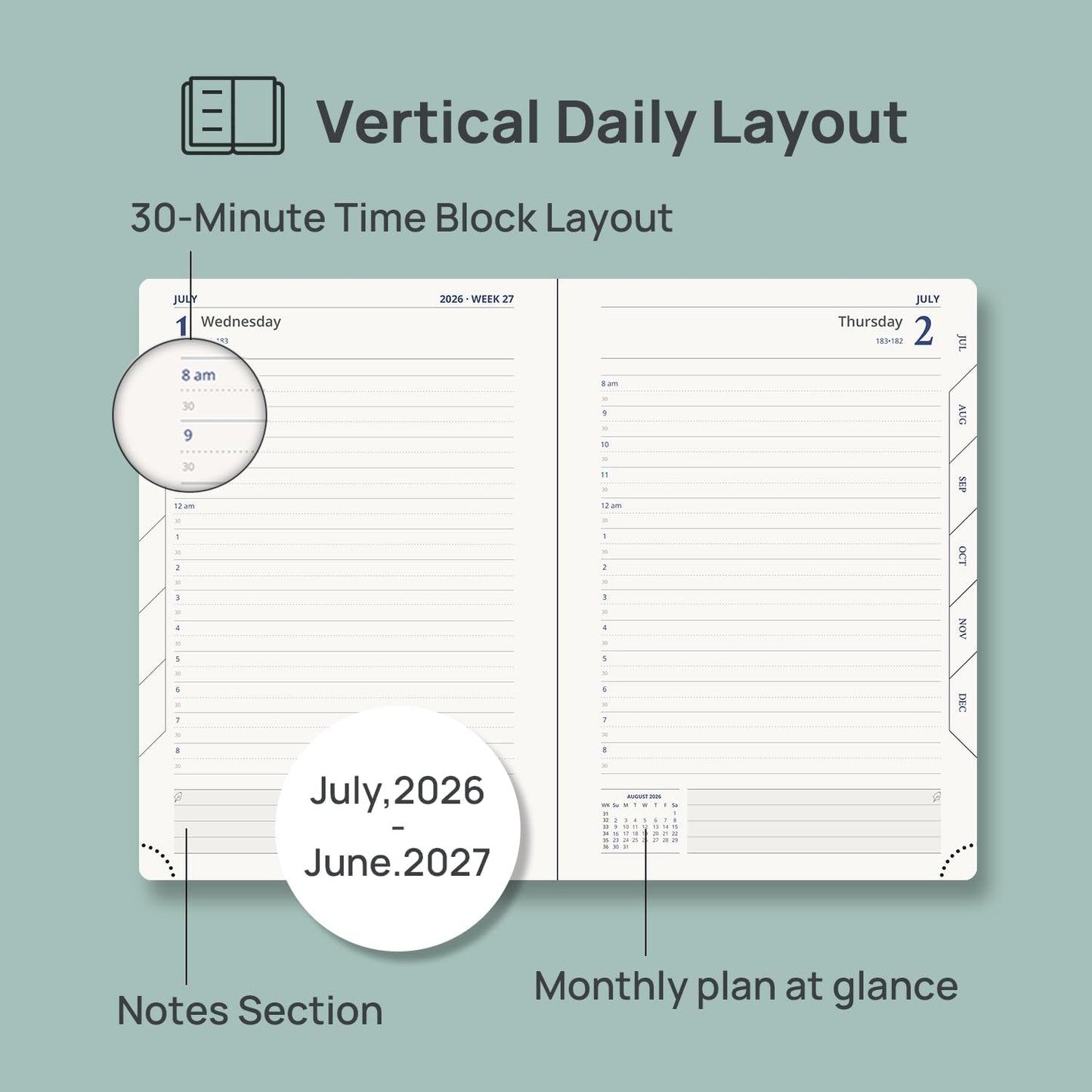 POPRUN Daily Planner 2026-2027 One Page per Day, (A5 Size 5.7" x 8.5") Academic Planner (July 2026 - June 2027) Hourly Appointment Book with Vegan Leather Hardcover, Monthly Tabs & Inner-pocket - Dark Green