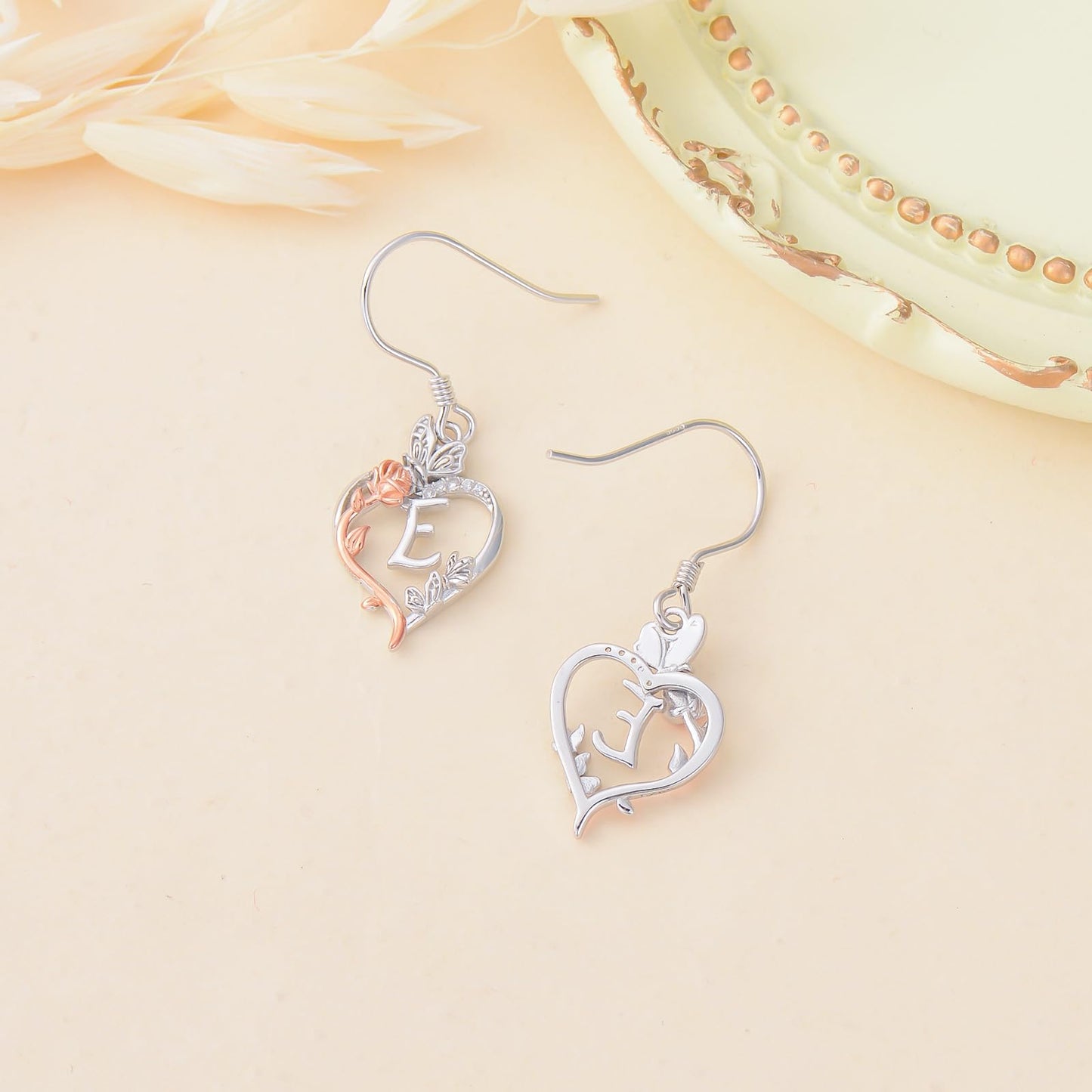 TOUPOP Rose Heart Initial Earrings Sterling Silver Butterfly Earring Initial E Letter Drop Dangle Earrings Jewelry Anniversary Birthday Mothers Day Gifts for Women Mom Wife Girlfriend Her
