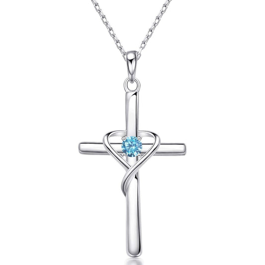 AmorAime 925 Sterling Silver Cross Necklace for Women Men 14K Gold Plated 5A CZ Birthstone Necklaces for Holiday (L.Blue-December-Blue Topaz)