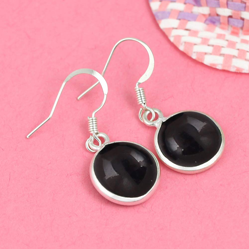 Natural Black Onyx 925 Silver Plated Dangle Earrings for Women - Round Shape Black Color Gemstone July Birthstone Handmade Jewelry Earrings - Birthday Gift for Her