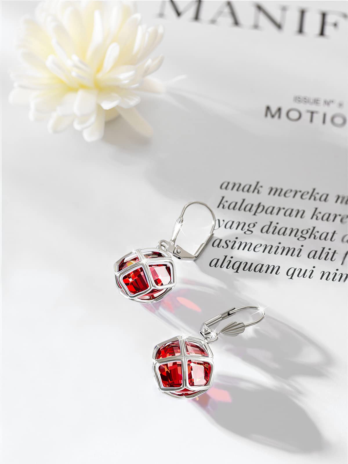Big Dark Red Crystal Dangle Earrings for Women (Jan-Garnet-White Gold)