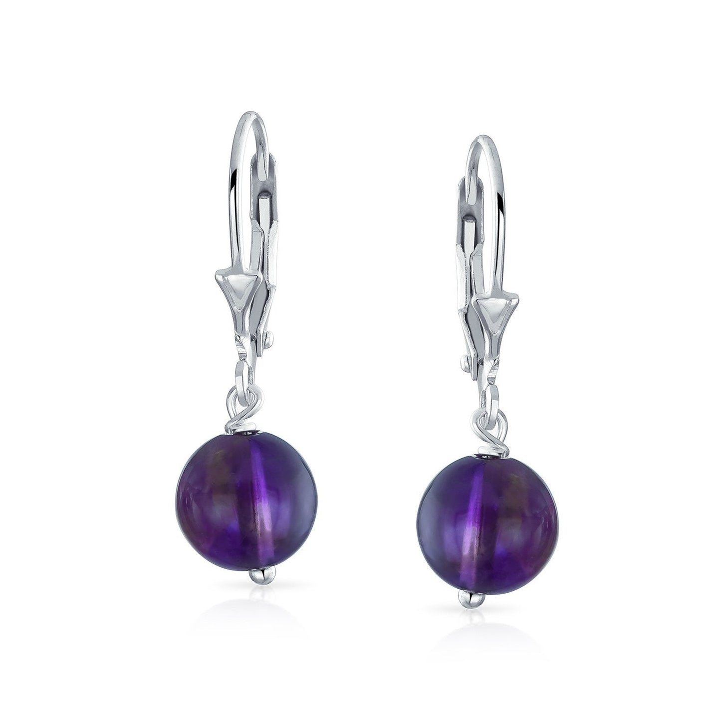 Bling Jewelry Timeless .925 Sterling Silver Purple Amethyst Bead 8mm Ball Drop Earrings Lever Back Genuine Gemstone February Birthstone