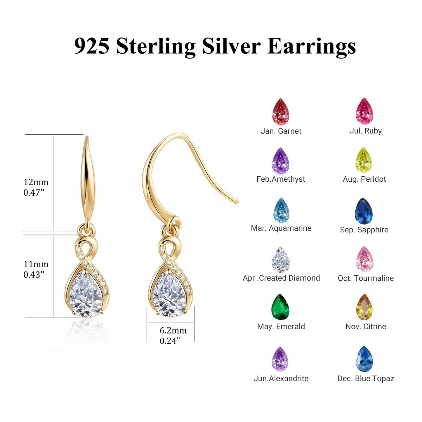 Infinity Birthstone Earrings 18K Gold Plated 925 Sterling Silver Teardrop Infinity Drop Dangle Earrings Created Diamond Jewelry Birthday Gifts for Women Her Mother Wife
