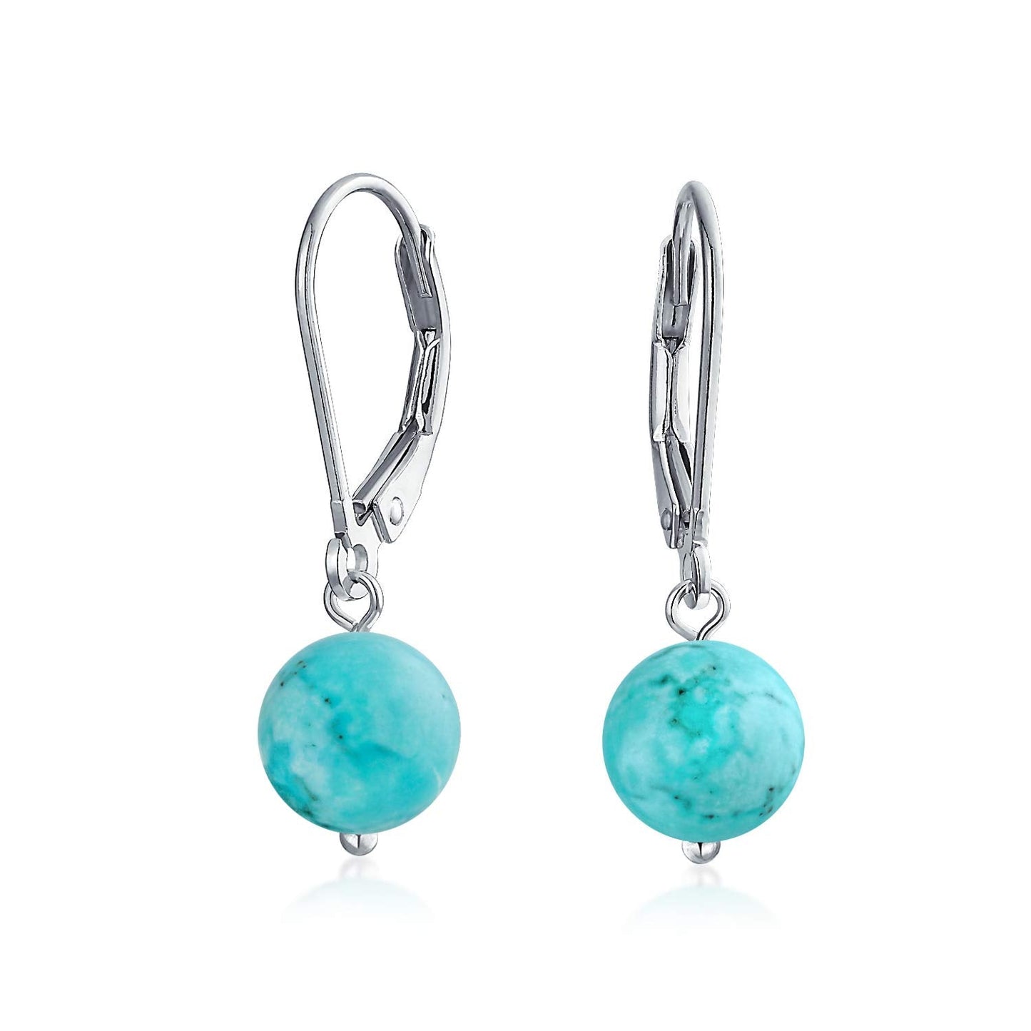 Bling Jewelry Timeless .925 Sterling Silver Blue Turquoise Bead 8mm Ball Drop Earrings Lever Back Genuine Gemstone December Birthstone