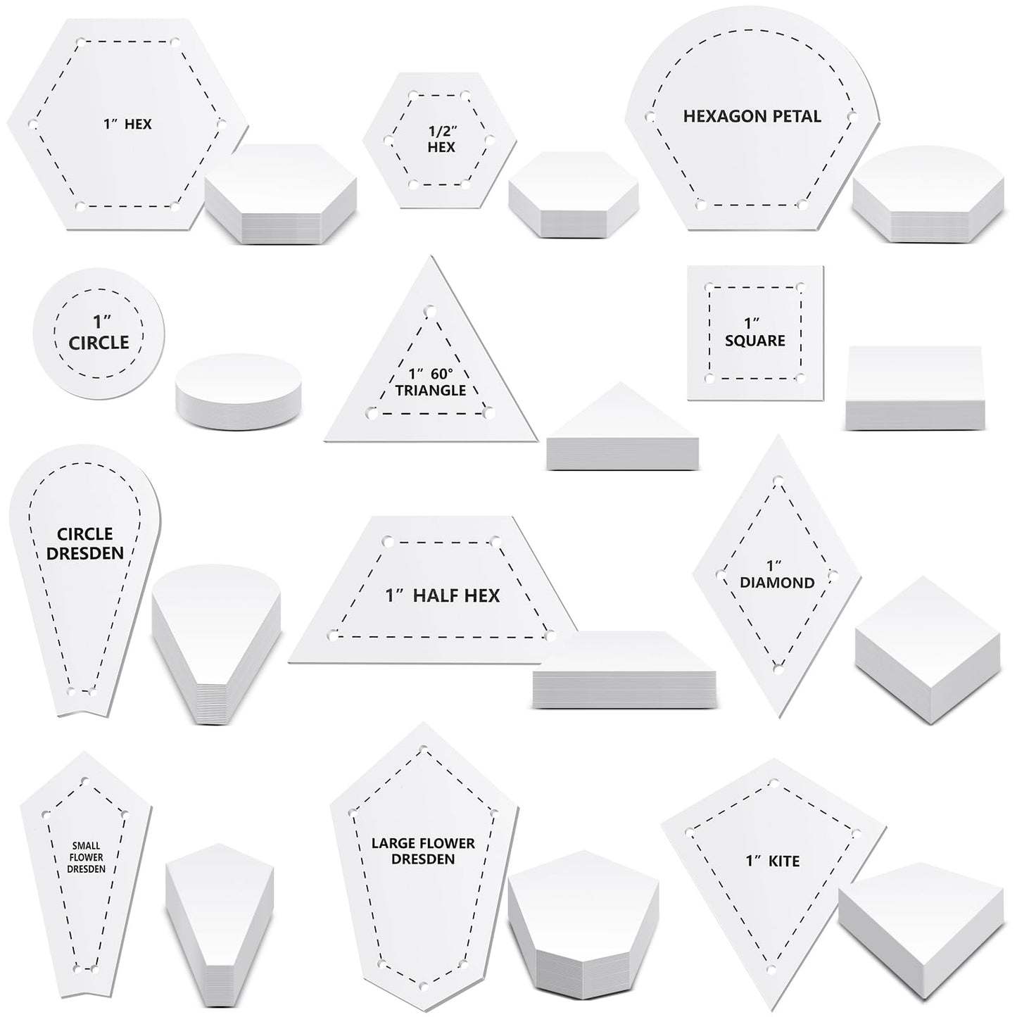 Cinnvoice 612 Pcs Patchwork Paper EPP English Piecing Supplies 12 Shapes Acrylic Templates with 600 Paper Piecing for Sewing Dresden Plate Triangle Hexagon Quilting Template(Classic 1,Clear)
