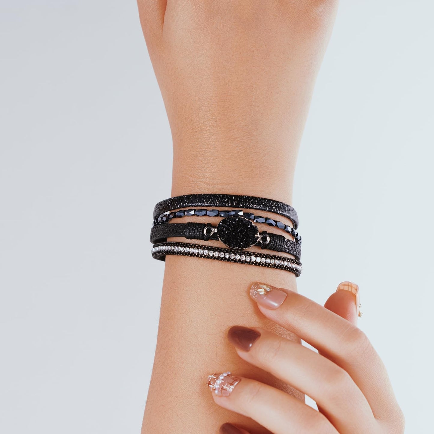 Becklynn Boho Leather Wrap Bracelets Beaded Crystal Stackable Cuff Bracelet with Magnetic Clasp Cowboy Cowgirl County Concert Outfits Western Jewelry Gifts for Women(Stone Black)