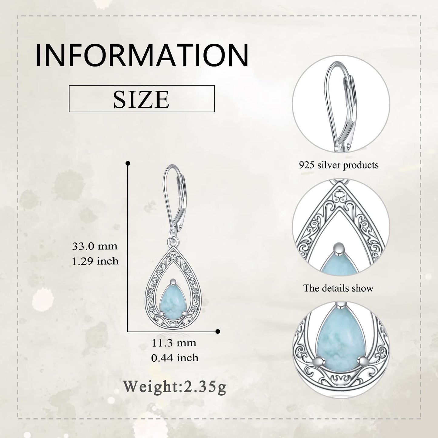 VONALA Filigree Larimar Earrings 925 Sterling Silver Larimar Leverback Earrings Teardrop Dangle Dangling Earrings Jewelry Gift for Women
