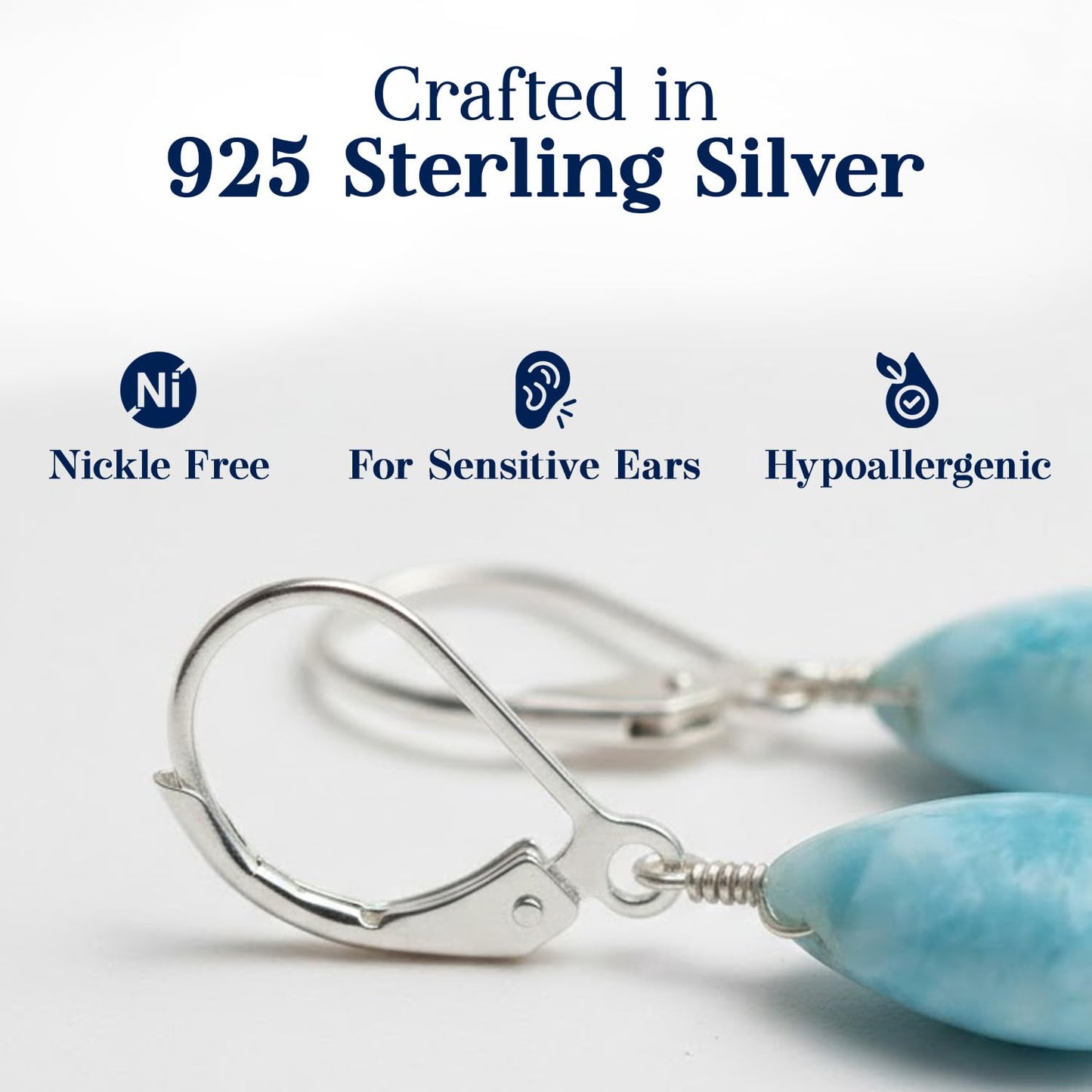 GemInspire Natural Larimar Teardrop Dangle Earrings for Women, Leverback Pear Shaped Gemstone, 925 Sterling Silver Leverback, Handmade Lightweight Jewelry Gift