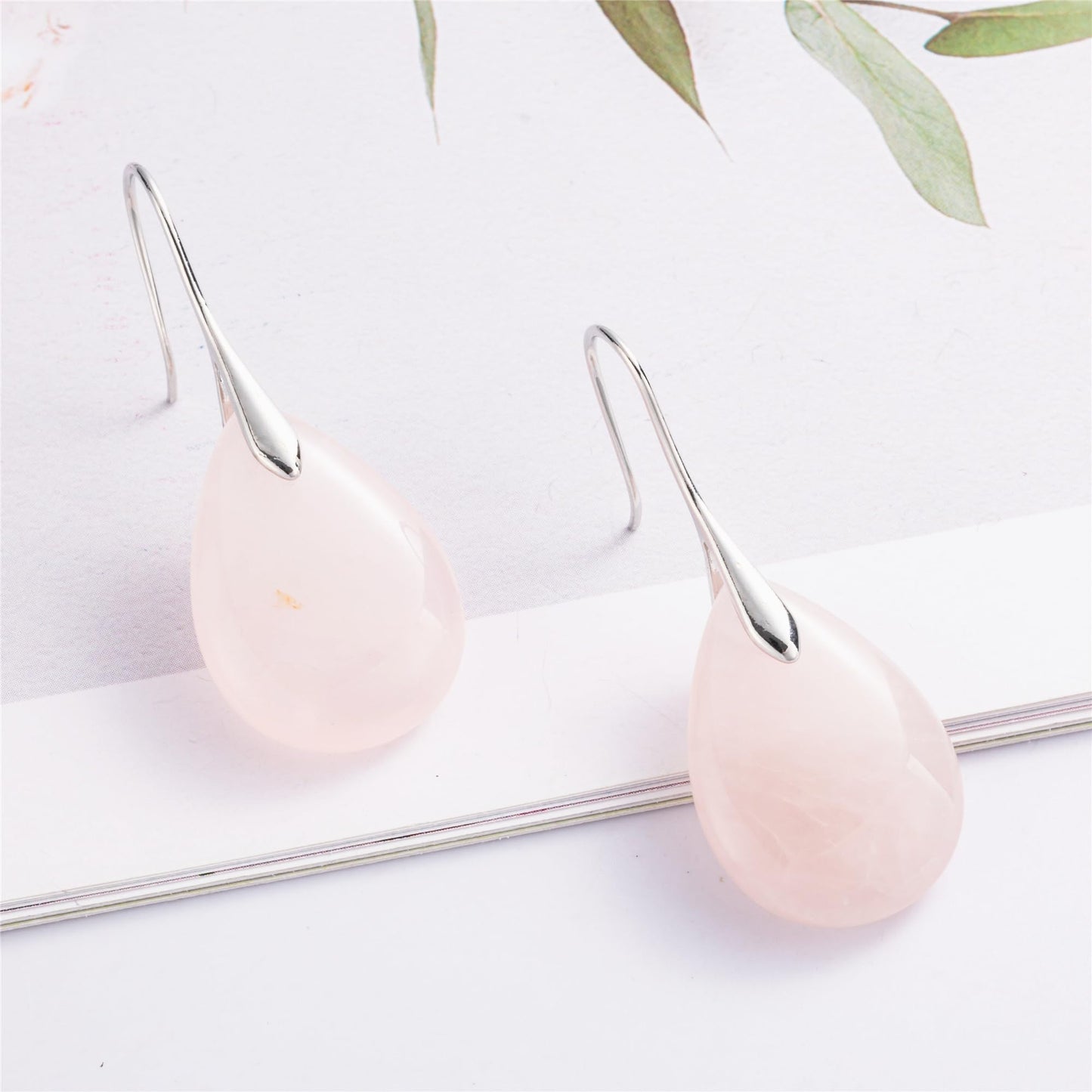 SELOVO Pink Agate Stone Fishhook Dangly Drop Earrings for Women Silver Tone
