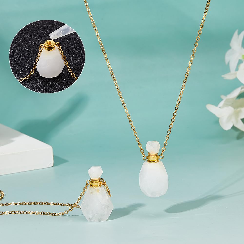 SUPERFINDINGS 2Pcs Perfume Bottle Necklace Essential Oil Diffuser Necklace White Natural Quartz Crystal Perfume Bottle Pendant with 304 Stainless Steel Chain Gemstone Vial Pendant for Woman Men
