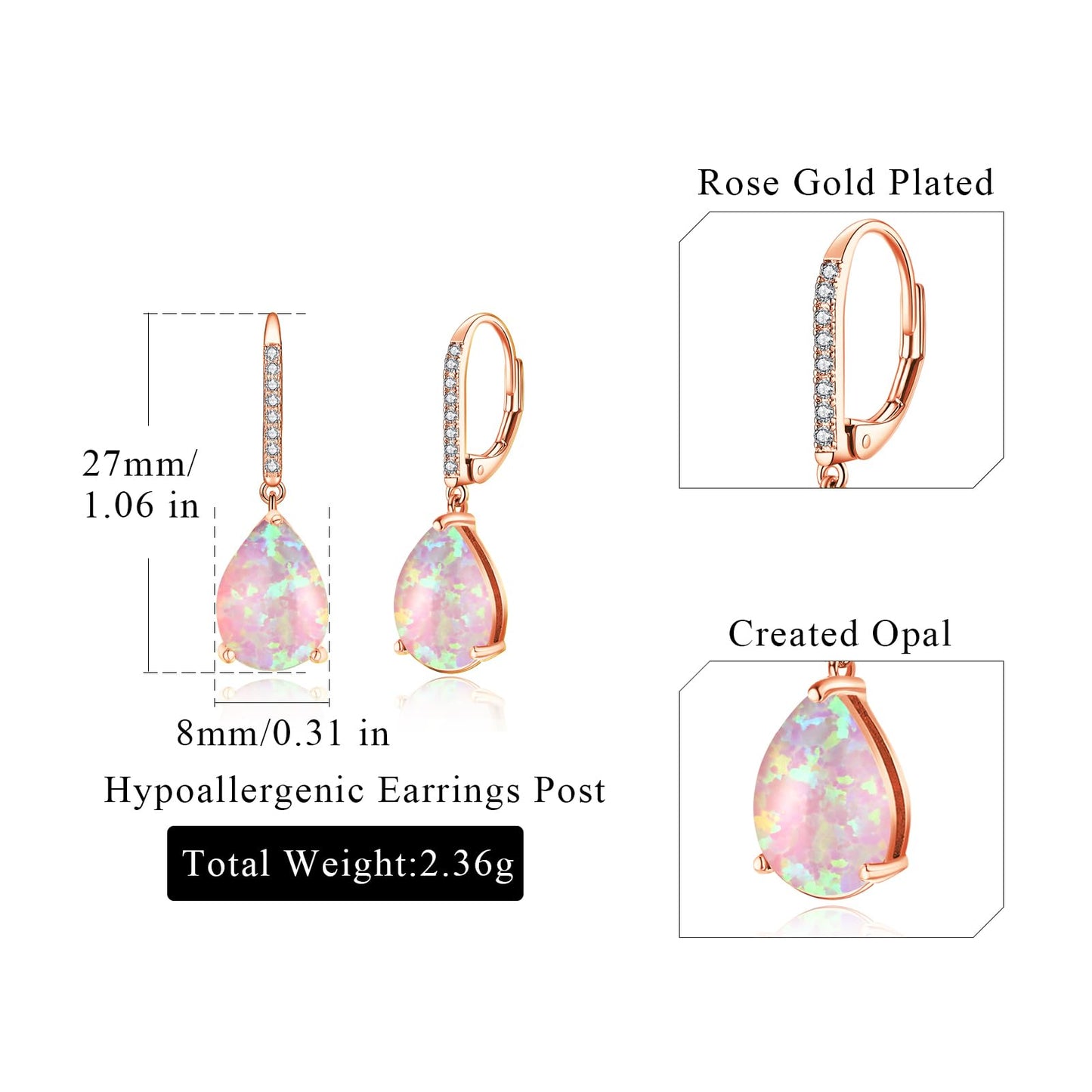 Leverback Pink Opal Dangle Earrings 14k Rose Gold Plated Drop Earrings for Women Teardrop Earrings Elegant Jewelry Gifts for Christmas Birthday Party