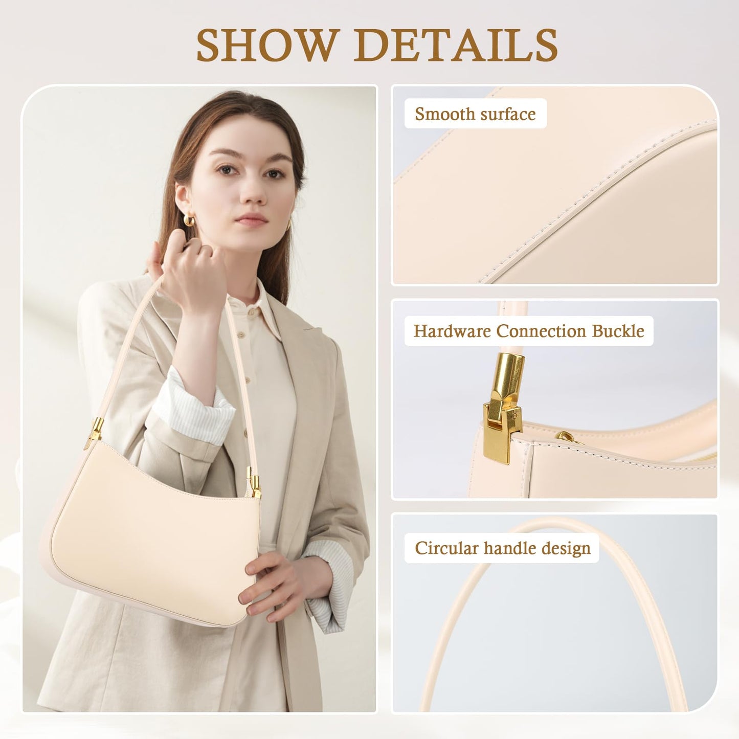 MFFOR Shoulder Bag for Women, Genuine Leather Hobo Tote Handbag, Small Clutch Purses Cute Hobo Handbag(Beige)