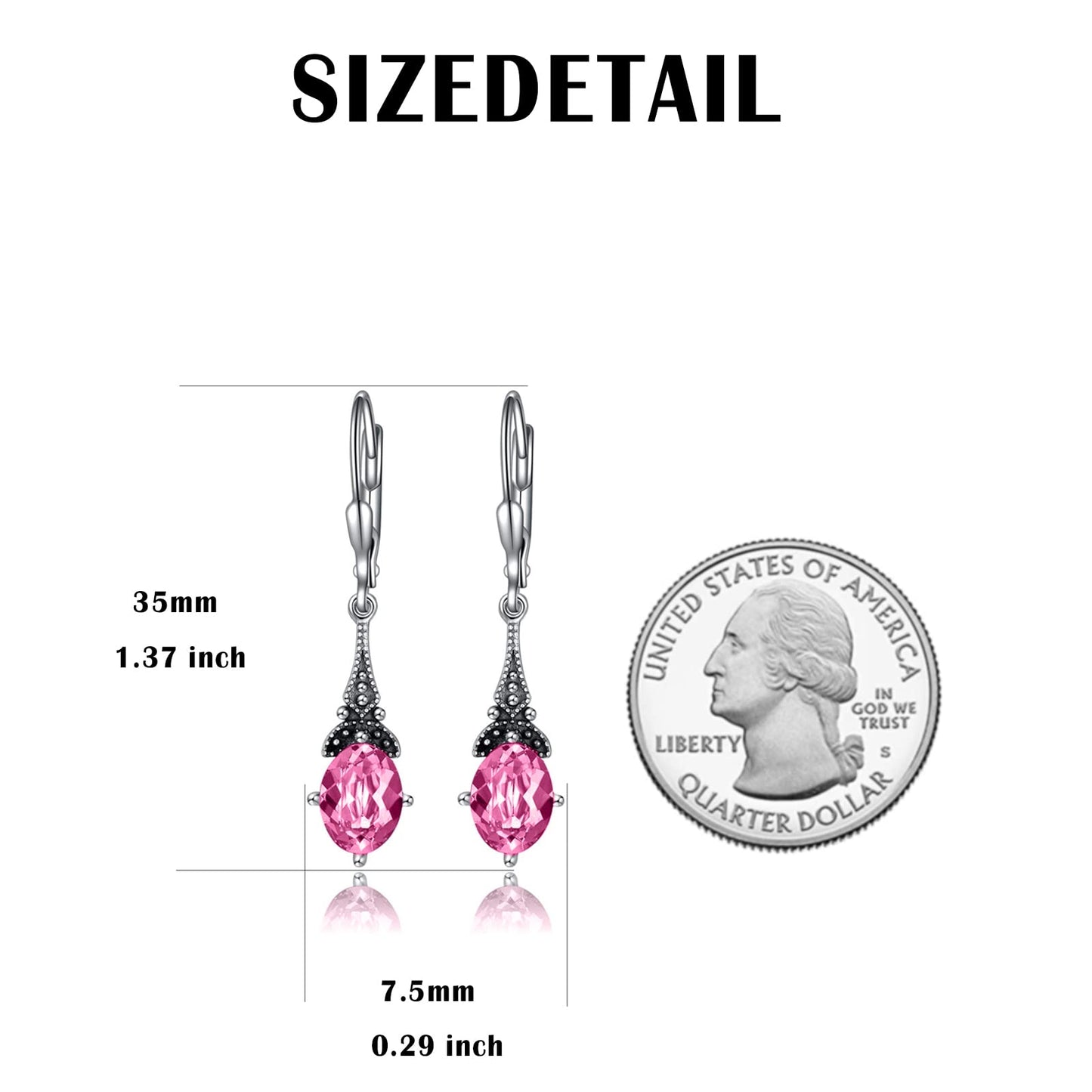 Pink October Birthstone Vintage Leverback Earrings Sterling Silver Retro Drop Dangle with Crystal, Birthday Jewelry Gifts for Women