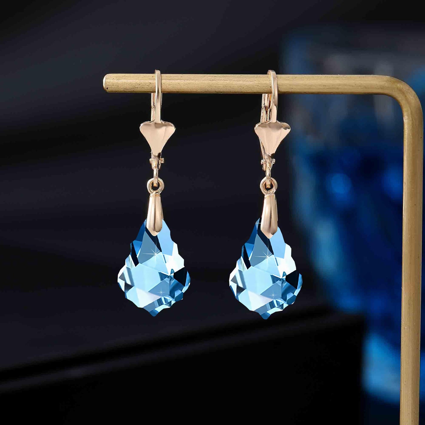Austrian Crystal Baroque Drop Leverback Earrings for Women Fashion 14K Gold Plated Hypoallergenic Jewelry (Aquamarine)