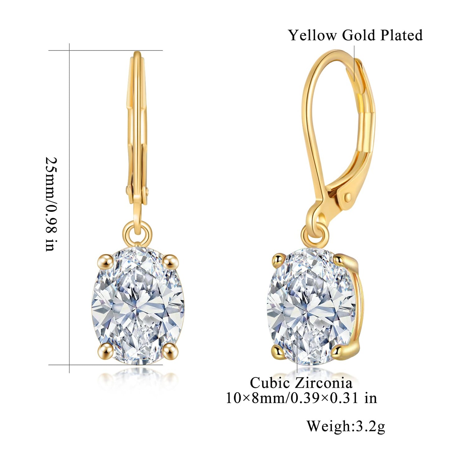 CiNily Cut-Oval Leverback Dangle Earrings for Women White Cubic Zircon 14k Gold Plated Hypoallergenic Hanging Earrings Lightweight Drop Earrings Jewelry