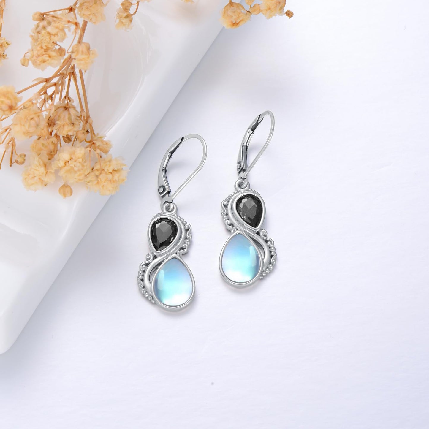 Moonstone Earrings 925 Sterling Silver Vintage Dangle Drop Leverback Earrings with Black Stone Jewelry Gifts for Women
