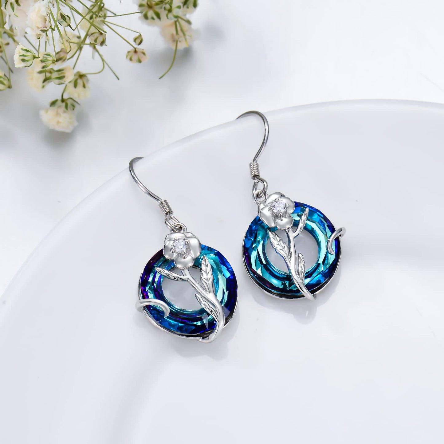 TOUPOP February Birth Flower Earrings Violet Drop Dangle Earrings Blue Crystal Jewelry Birthday Mothers Day Gifts for Women Mom Her