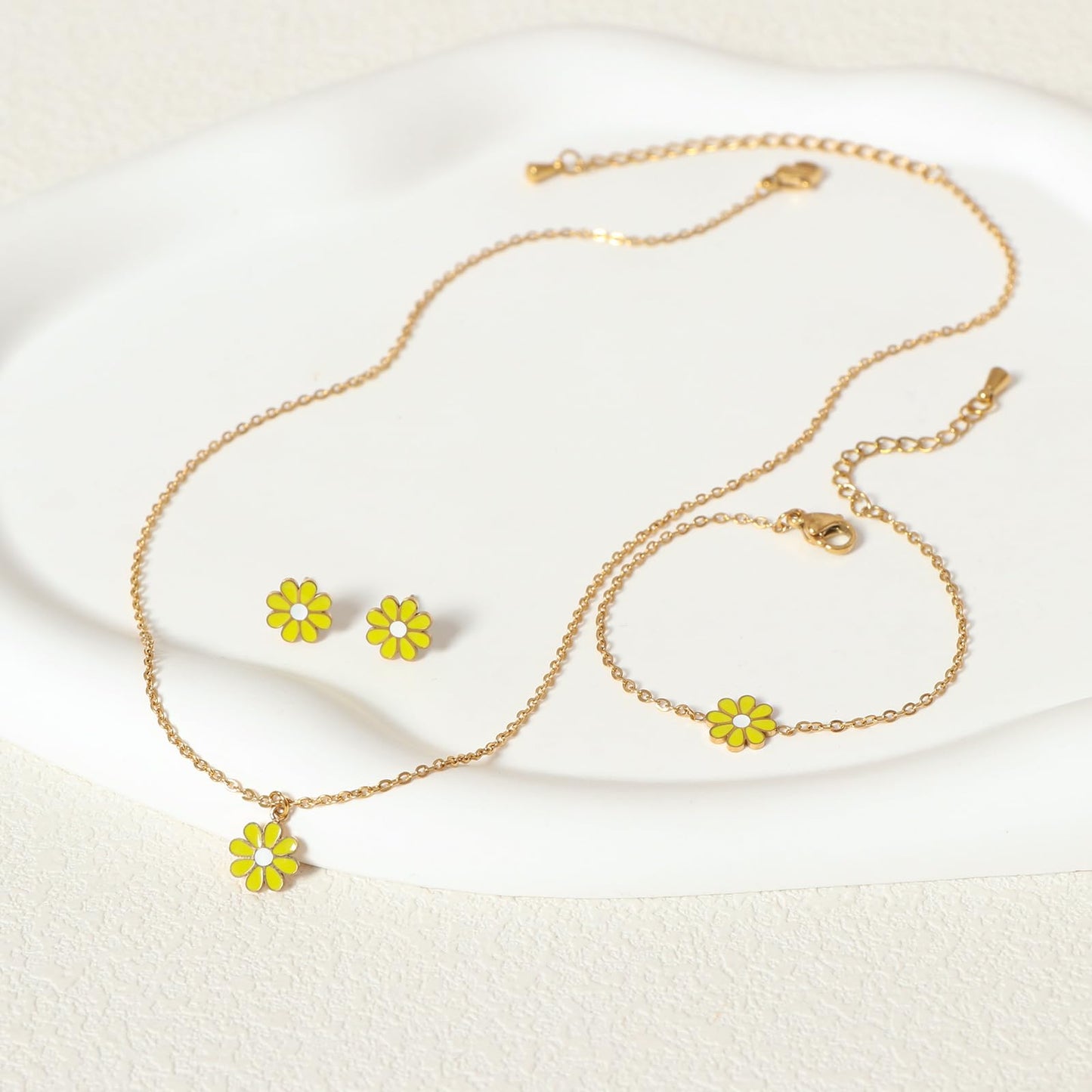 TaYolnFaSo Mini Yellow Flower Jewelry Set for Female Dainty Cute Enamel Small Floral Necklace Earrings Bracelet Set Birthday Gift for Her
