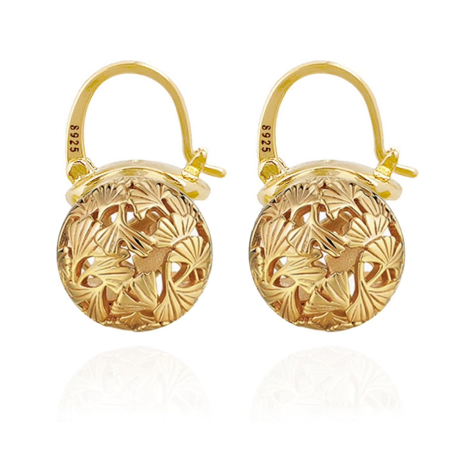 OwMell Elegant 925 Sterling Silver Pearl Drop Earrings Dangle Stud Gold Plated Earrings for Women Large Size 12mm - Hollowed Ginkgo Gold