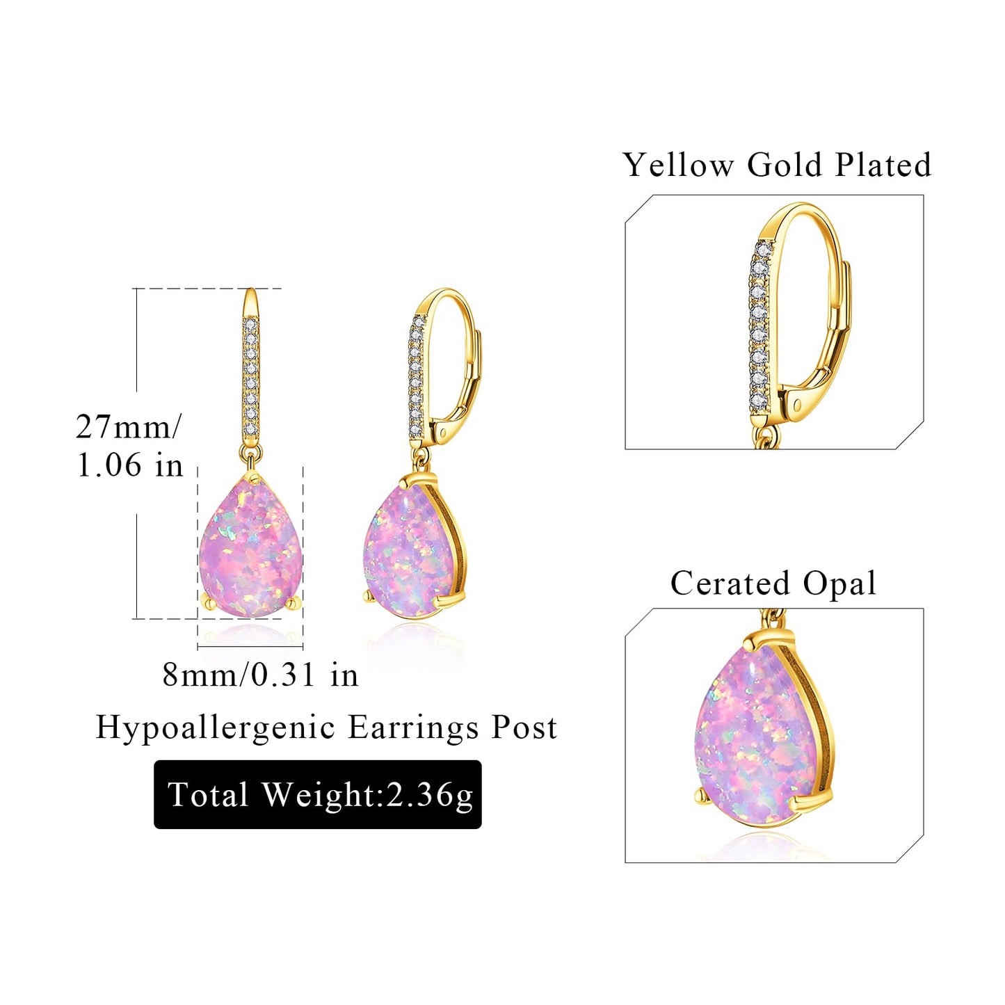 Leverback Purple Opal Dangle Earrings 14k Yellow Gold Plated Drop Earrings for Women Teardrop Earrings Elegant Jewelry Gifts for Mothers Day Birthday Party