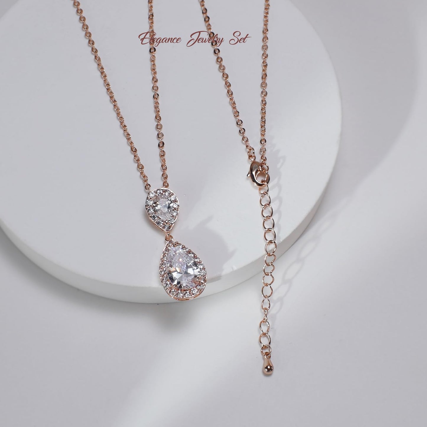 UDYLGOON Bridal Jewelry Set for Women, Cubic Zirconia Teardrop Bride Bridesmaid Necklace and Earrings Set for Wedding Prom Formal (Rose Gold Plated)