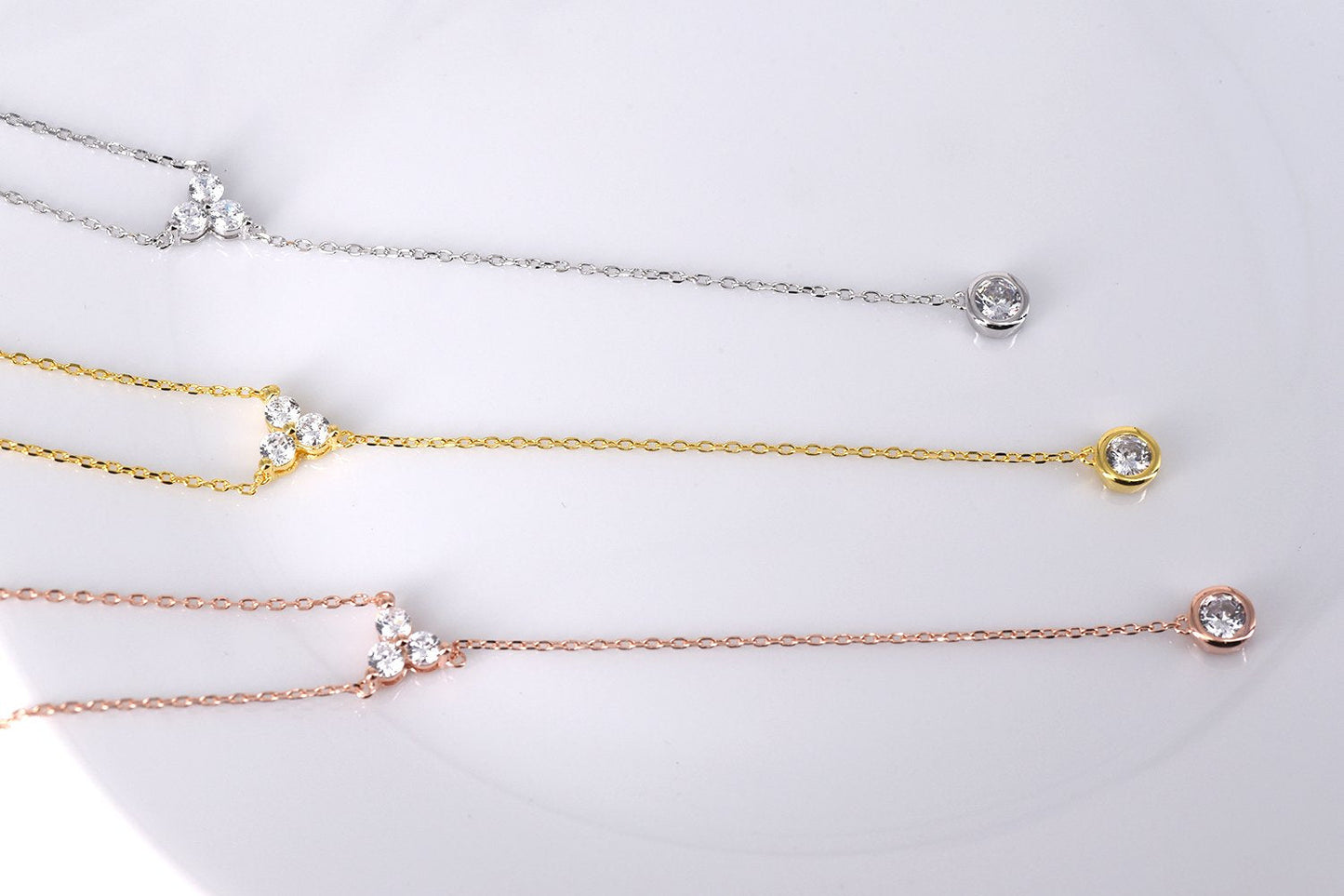 espere Womens Sterling Silver Dainty CZ Lariat Necklace Triple CZ Cluster Y-Shaped Necklace 18K Rose Gold Plated