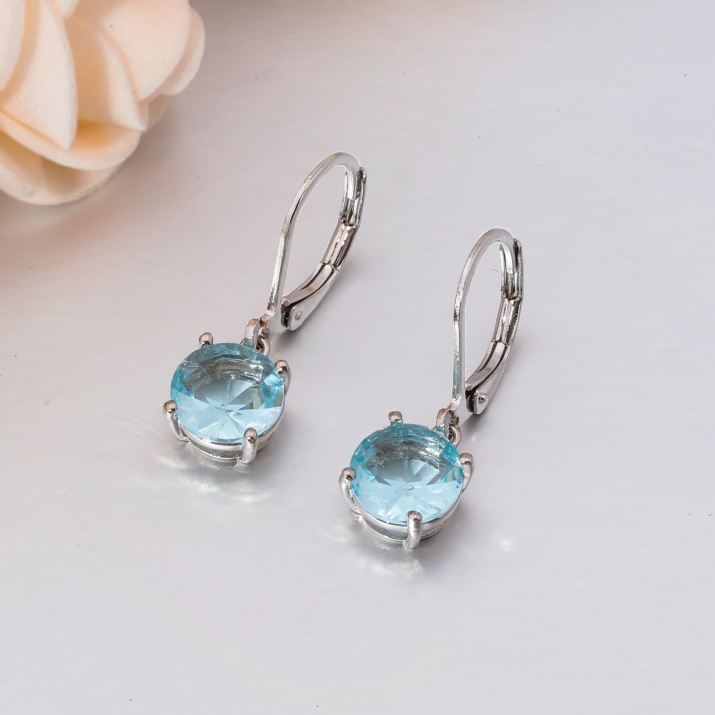 CiNily Leverback Dangle Earrings Created Light Blue Crystal Drop Earrings White Gold Plated Summer Jewelry for Women 8 mm
