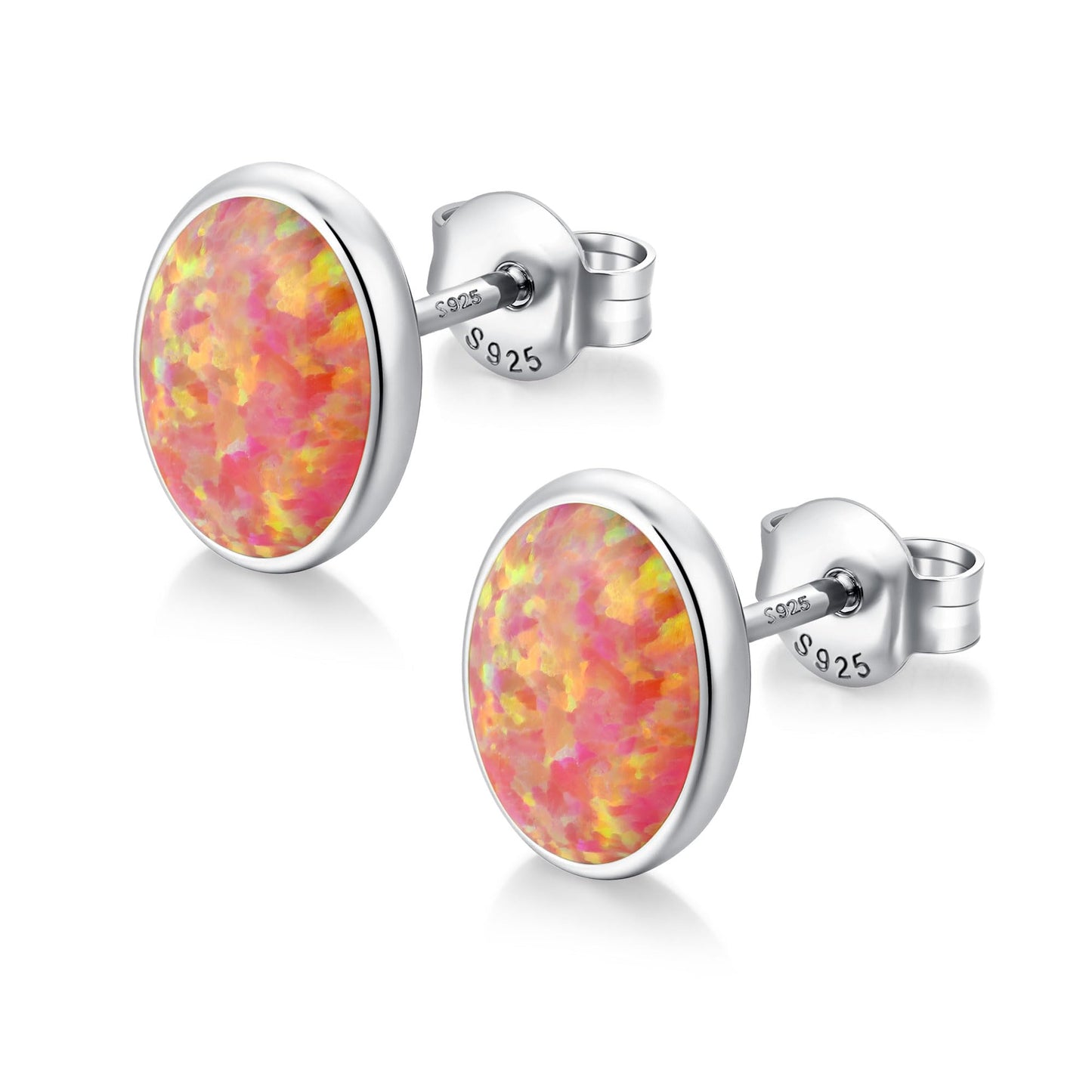 JiayangJY Silver Red Fire Opal Stud Earrings for Women Sterling Silver Oval Shape 7mm Opal Earrings with Push Back
