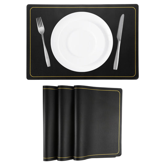 uxcell 4 Pcs Faux Leather Placemats, Black Gold Line, Heat Resistant, Waterproof, Oil Proof, Rectangle Table Mats (18 x 12 inches)