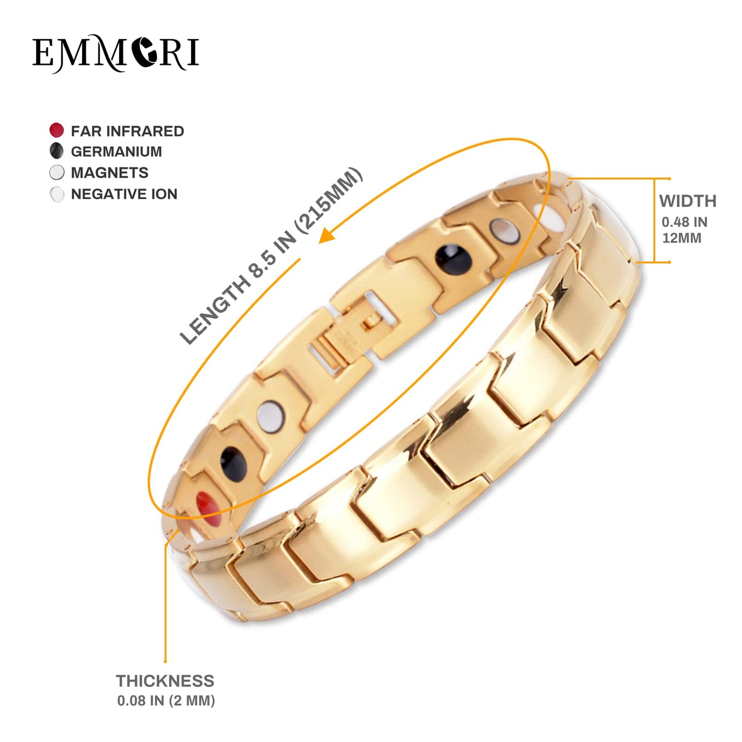EMMORI Ultra Strength Magnetic Bracelet - 3,500 Gauss Per Magnet -Magnetic Bracelets for Men Woman - Adjustable Length -Pulseras Magneticas (Gold)