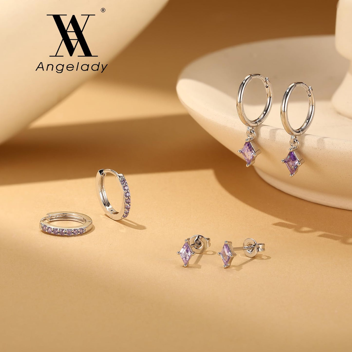 Sterling Silver Earrings Set for Women, Dainty Silver Purple Cartilage Huggie Hoop Earring, Hypoallergenic Trendy Small Amethyst Earring Stacks for Multiple Piercing, Purple Earring Jewelry Gifts
