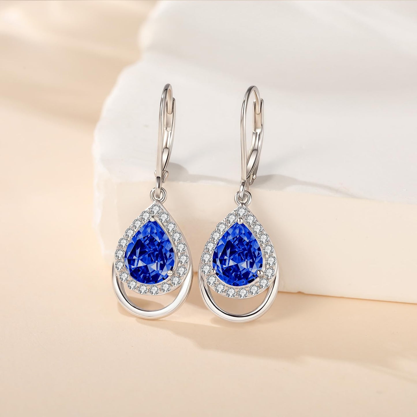 Sapphire Earrings Sterling Silver September Birthstone Teardrop Dangles Blue 5A Cubic Zirconia Drop Jewelry Christmas Gifts for Women