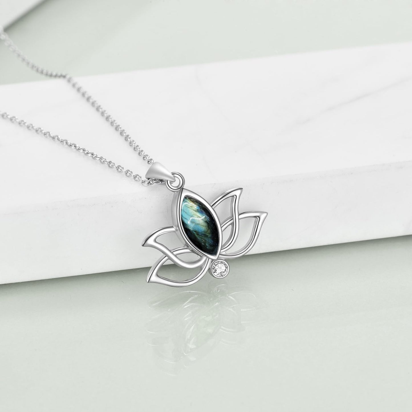 YFN Lotus Necklace Sterling Silver Labradorite Lotus Flower Pendant Yoga Jewelry Gifts for Women