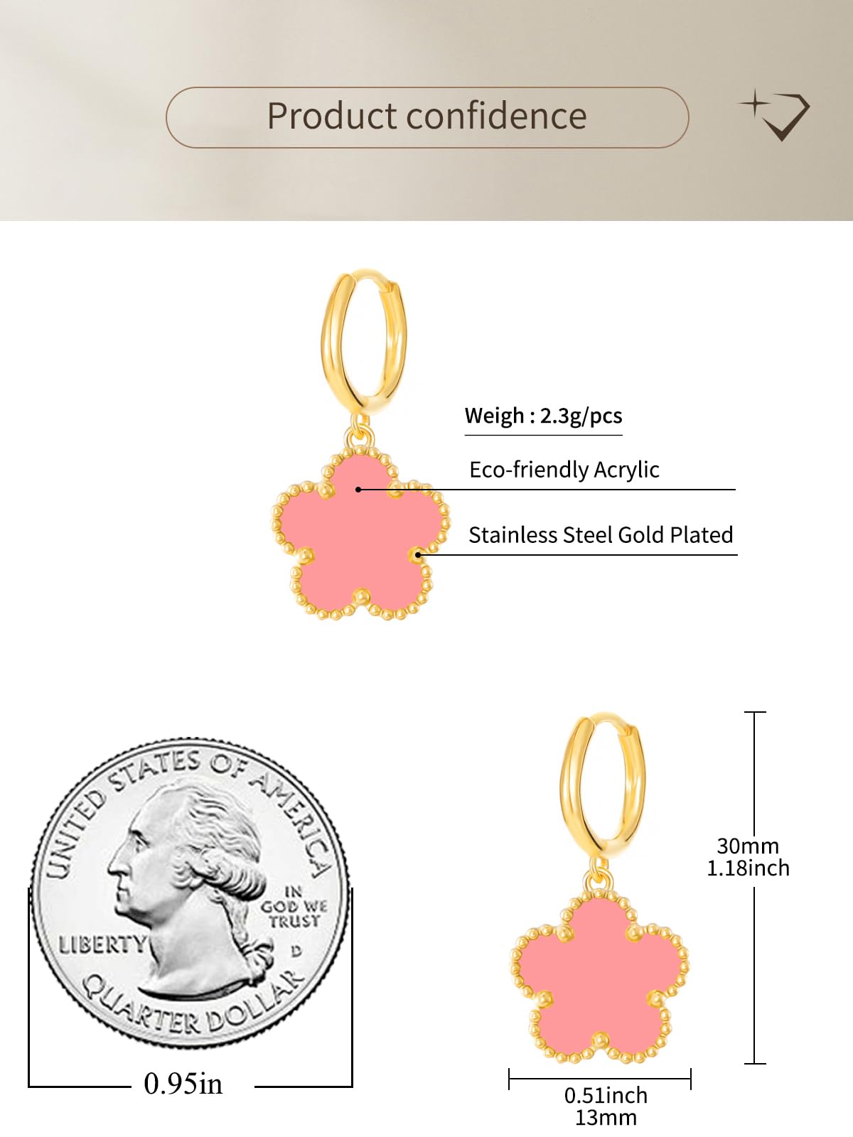 Gold Plated Five Leaf Clover Dangle Dot Earrings for Women Lucky Flower Jewelry (Pink-14K Gold Plated)