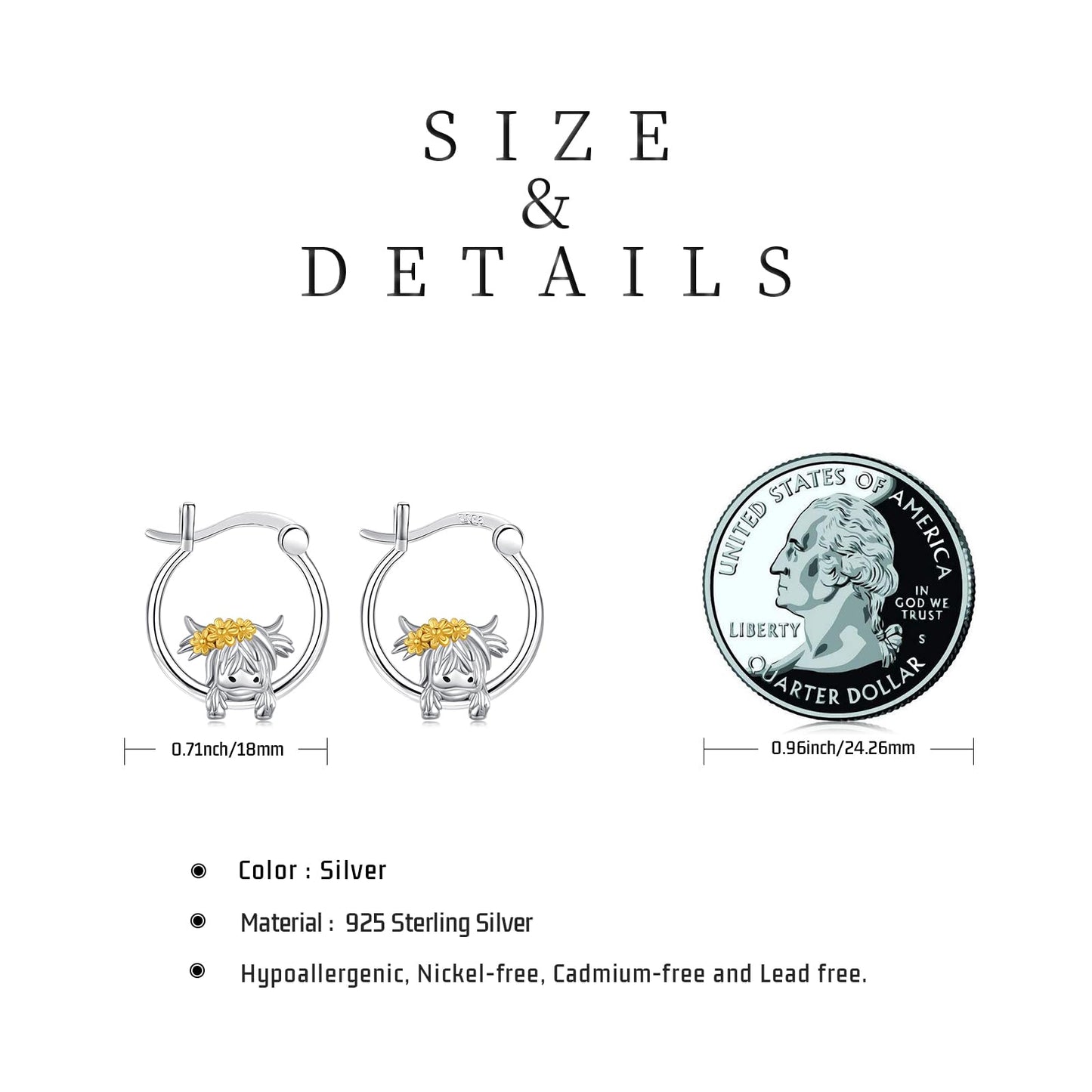 JUSTKIDSTOY Highland Cow Earrings 925 Sterling Silver 18mm Cute Cow Sunflower Huggie Hoop Earrings Jewelry Highland Cow Gifts for Women Daughter
