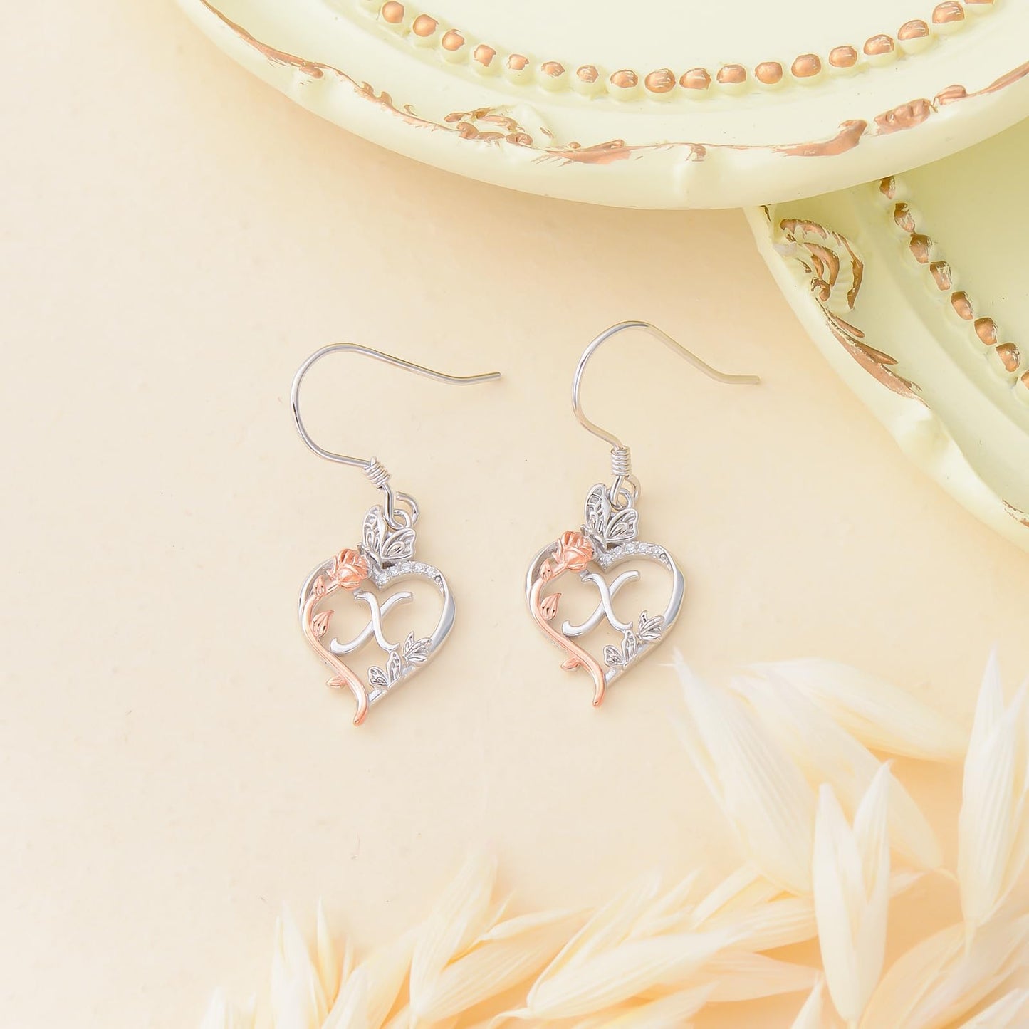 TOUPOP Rose Heart Initial Earrings Sterling Silver Butterfly Earring Initial X Letter Drop Dangle Earrings Jewelry Anniversary Birthday Mothers Day Gifts for Women Mom Wife Girlfriend Her