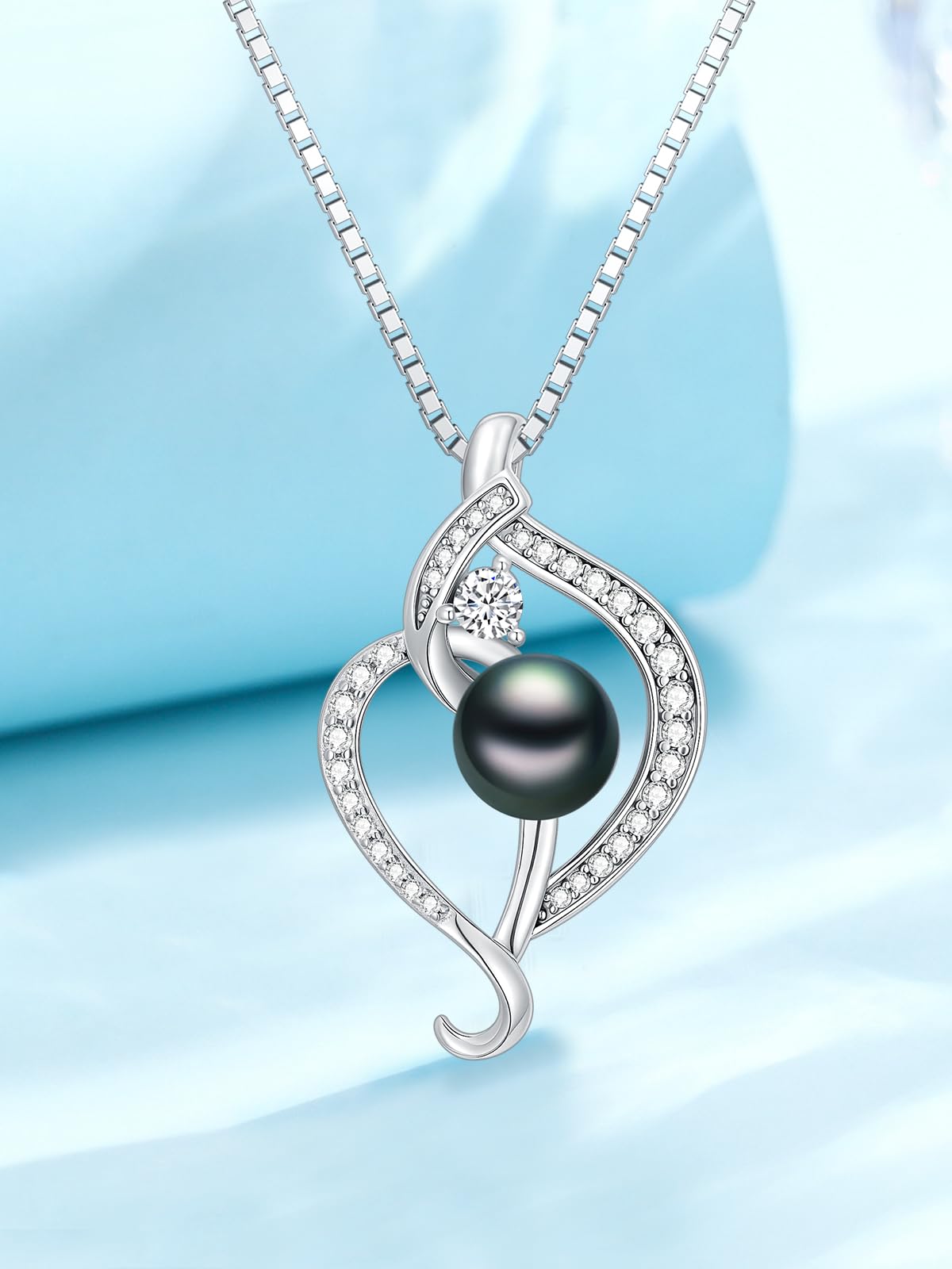 KANNSOAR Tahitian Black Pearl Necklace 18K White Gold Plated 925 Sterling Silver AAAA Black Pearl Pendant Necklace Jewelry Gift for Mom Women Wife Her Wedding Birthday Anniversary